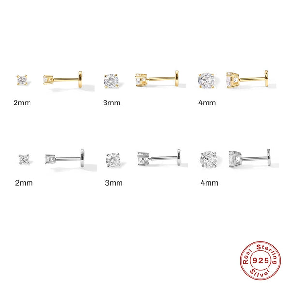 S925 Sterling Silver Round Geometric Flat Head Internal Thread Piercing Cartilage Ear Studs Electroplated