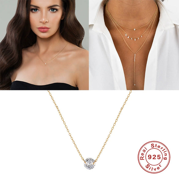 S925 Sterling Silver Round Single Diamond Floating Clavicle Chain With Electroplating Geometric Pattern Little Fresh Style