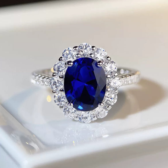 S925 Sterling Silver Sapphire Ring Female Pigeon Egg Geometric Light Luxury Electroplated