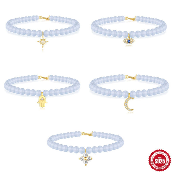 S925 Sterling Silver Sea Blue Chalcedony Handmade Beaded Star Shape Electroplated Women's Bracelet