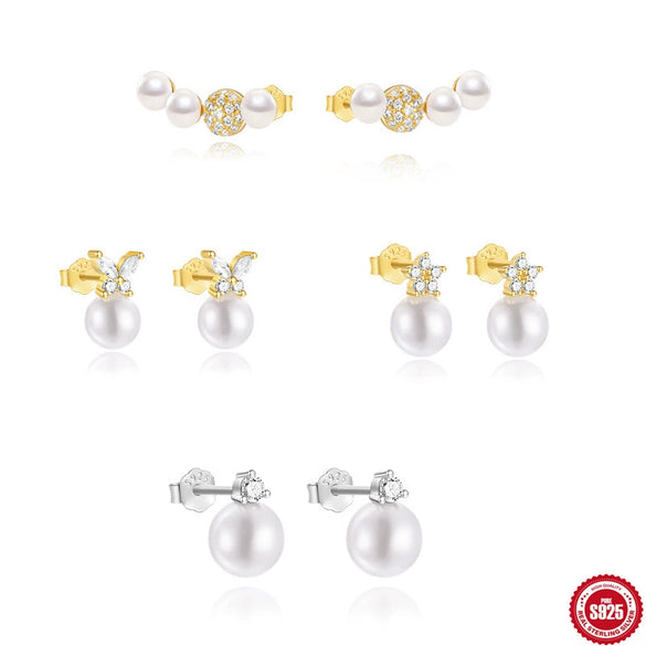 S925 Sterling Silver Simple All Match Pearl Diamond Women's Earrings In Horizontal Curved Smile Shape With Zirconia Design