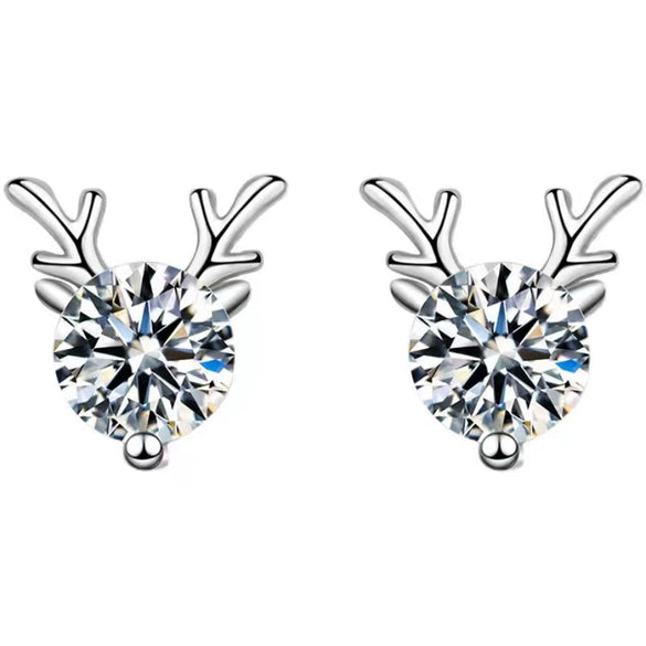 S925 Sterling Silver Simple Elk Animal Earrings With White Stone Inlay Light Luxury Fashion Jewelry For Women