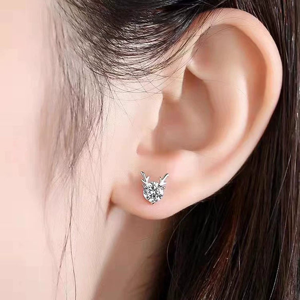 S925 Sterling Silver Simple Elk Animal Earrings With White Stone Inlay Light Luxury Fashion Jewelry For Women