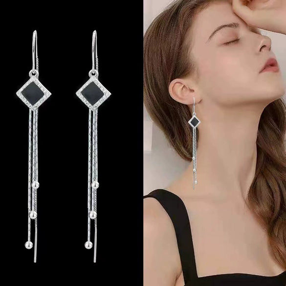 S925 Sterling Silver Simple Geometric Black Square Ear Line Long Tassel Earrings For Women Elegant Fashion Jewelry