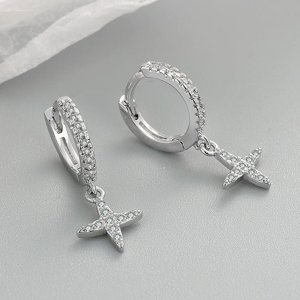 S925 Sterling Silver Simple Inlaid Zircon Cross Earrings Elegant Personality Temperament Earrings For Women