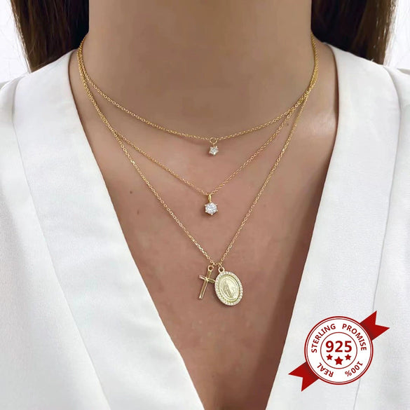 S925 Sterling Silver Simple Star Rhinestone Pendant Necklace For Women With Snake Bone Chain Electroplated Fashion Clavicle Necklace