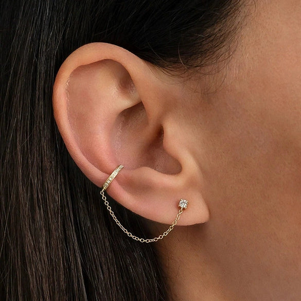 S925 Sterling Silver Single Row Diamond Ear Clip Tassel Single Diamond Ear Nail Chain Geometric Modified Face Ear Buckle