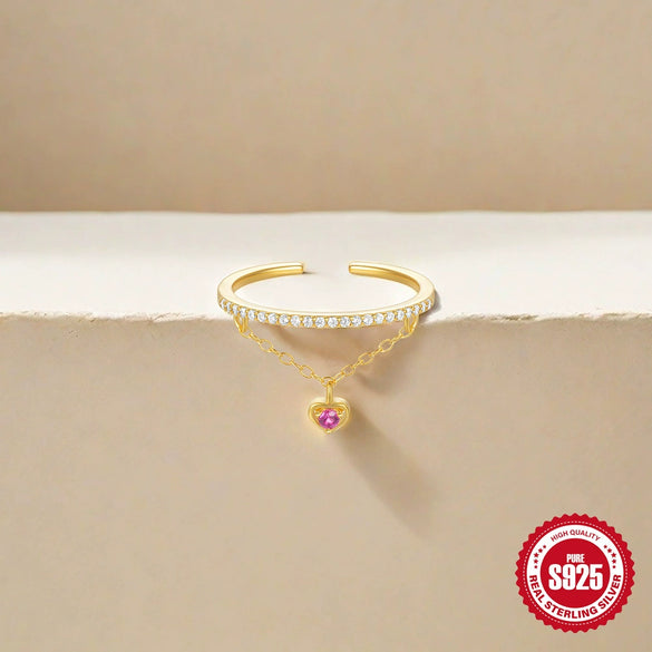 S925 Sterling Silver Single Row Diamondencrusted Chain Tassel Love Open Ring With Real Gold Electroplating For Women