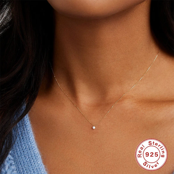 S925 Sterling Silver Single Zircon Geometric Ball Chain Necklace For Women