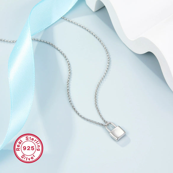 S925 Sterling Silver Solid Lock Necklace With Electroplating Simple Light Luxury Niche High Grade Clavicle Chain For Women