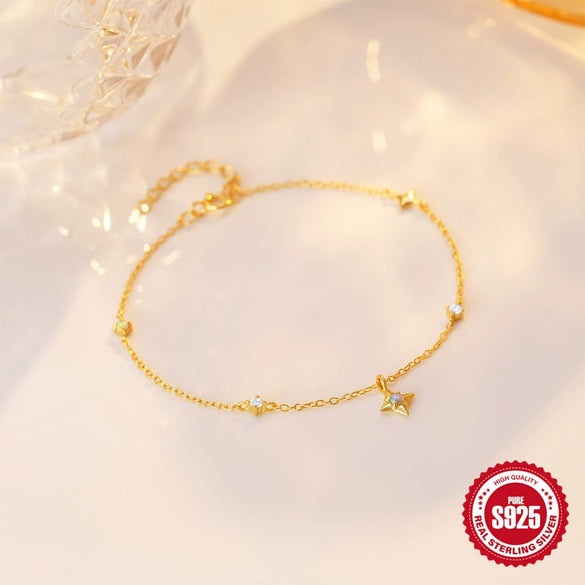 S925 Sterling Silver Stacked Bracelet With Four Mans Star Diamond Opal Pattern For Women Real Gold Plated Electroplated Design