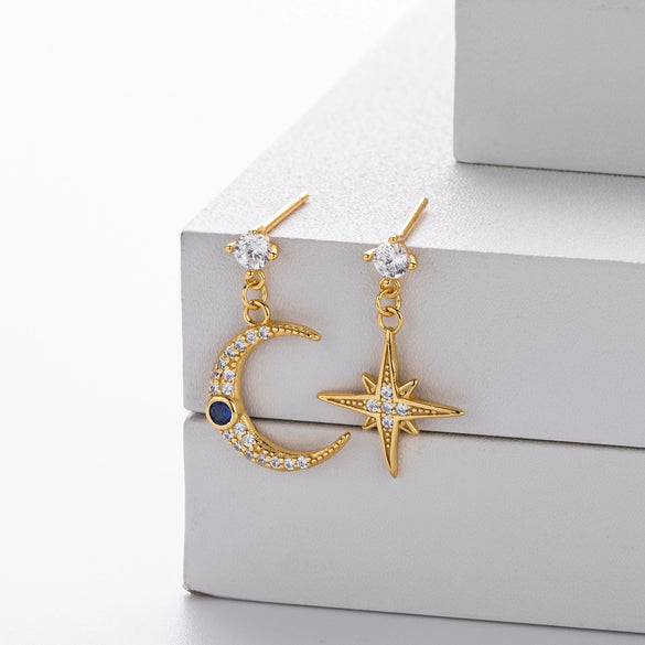 S925 Sterling Silver Star And Moon Inlaid Zircon Earrings For Women