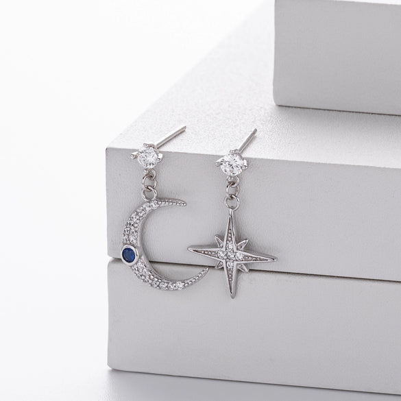 S925 Sterling Silver Star And Moon Inlaid Zircon Earrings For Women
