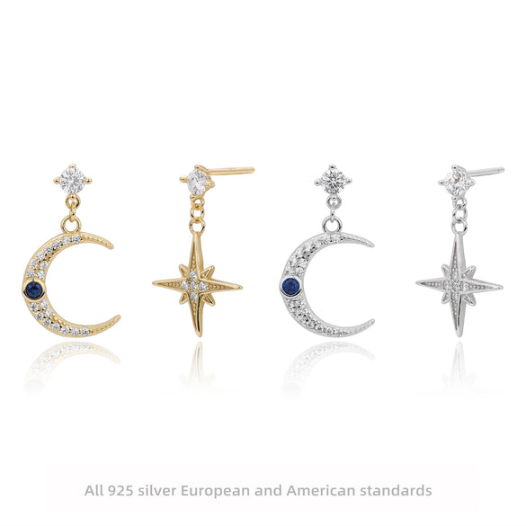 S925 Sterling Silver Star And Moon Inlaid Zircon Earrings For Women