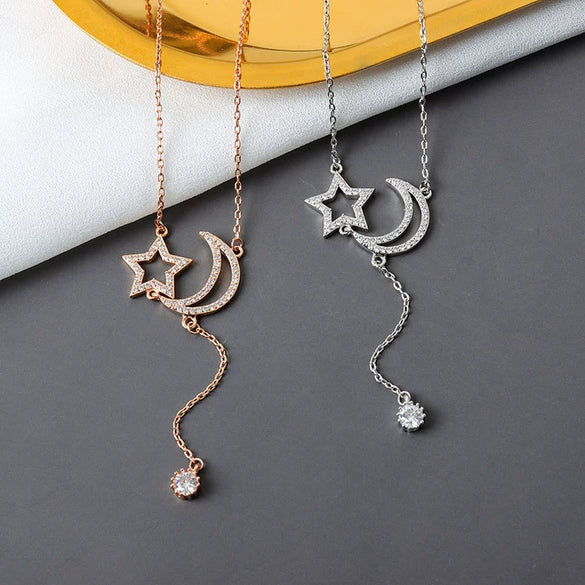 S925 Sterling Silver Star And Moon Tassel Clavicle Necklace With Mixed Gem Inlay Electroplated Cross Chain Pendant Jewelry