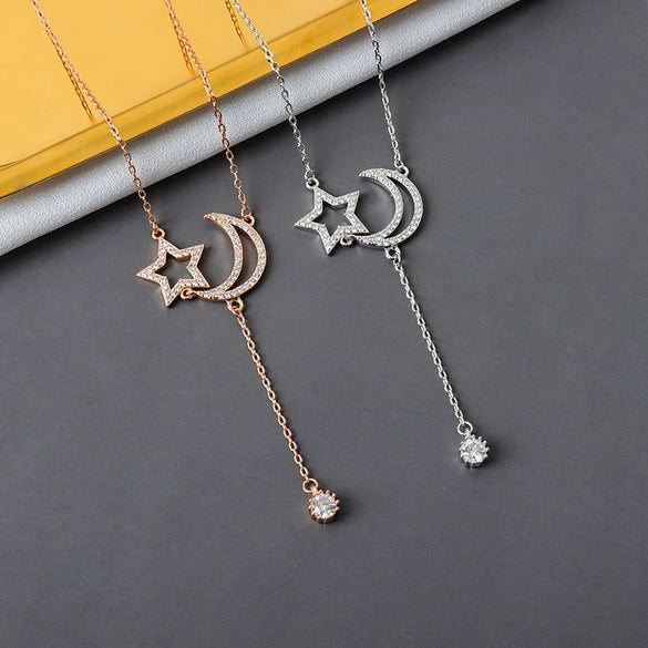 S925 Sterling Silver Star And Moon Tassel Clavicle Necklace With Mixed Gem Inlay Electroplated Cross Chain Pendant Jewelry