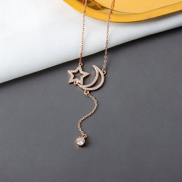 S925 Sterling Silver Star And Moon Tassel Clavicle Necklace With Mixed Gem Inlay Electroplated Cross Chain Pendant Jewelry