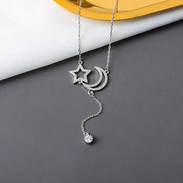 S925 Sterling Silver Star And Moon Tassel Clavicle Necklace With Mixed Gem Inlay Electroplated Cross Chain Pendant Jewelry
