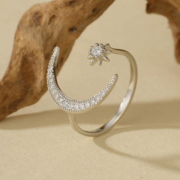 S925 Sterling Silver Star Embrace Moon Microinlay Ring Unisex