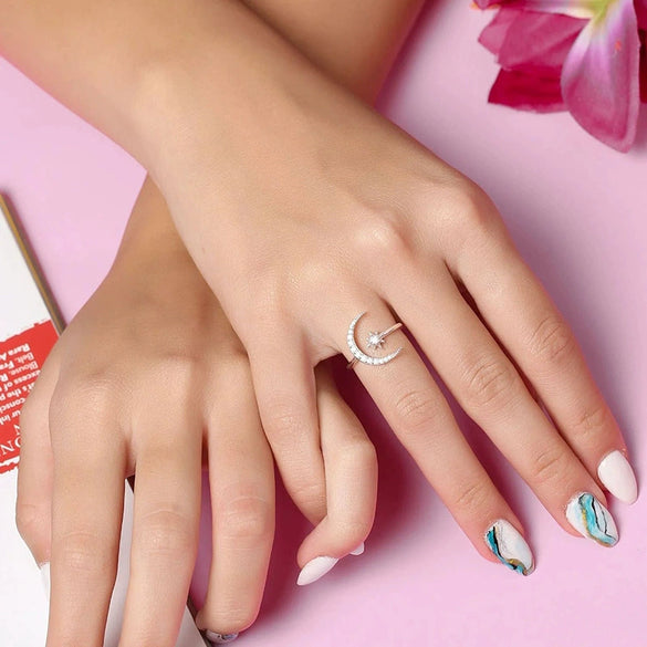 S925 Sterling Silver Star Embrace Moon Microinlay Ring Unisex