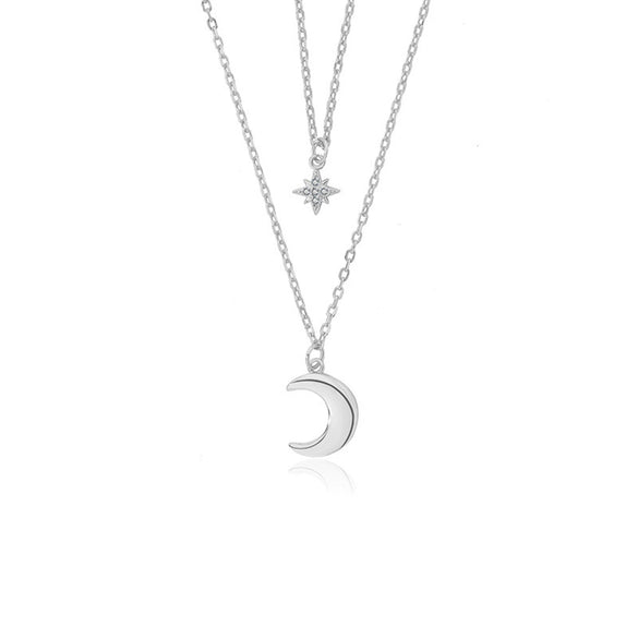S925 Sterling Silver Star Moon Double Clavicle Chain Necklace With Zirconia For Women Sweet Gentle Elegant Style