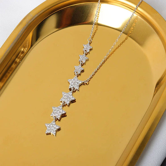 S925 Sterling Silver Star Necklace With Mixed Gem Inlay Electroplated Seven Star Clavicle Chain Cross Chain Pendant