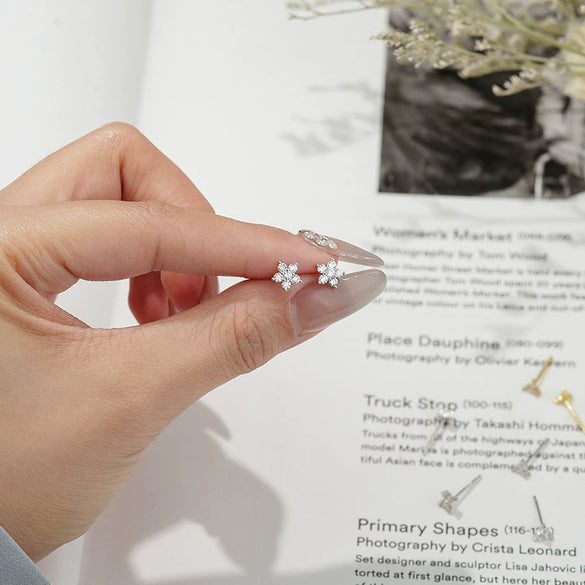 S925 Sterling Silver Star Stud Earrings With Flower And Geometric Pattern And Micro Inlaid Zircon Elegant Light Luxury Ins Style