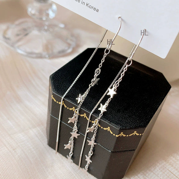 S925 Sterling Silver Star Tassel Threader Earrings For Women Personality Style Five Point Star Meteor Ear Line Earrings