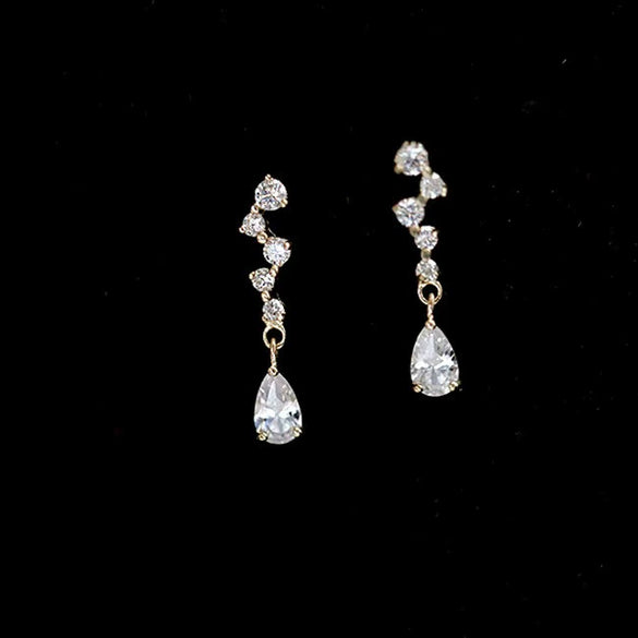 S925 Sterling Silver Stud Earrings For Women Plated 14K Gold Inlaid Zircon Water Drop Tassel Light Luxury