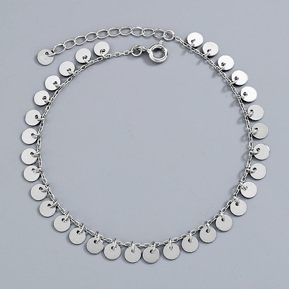 S925 Sterling Silver Tassel Anklet For Women Sweet Elegant Geometric Round Sequin Chain Ankle Jewelry