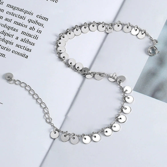 S925 Sterling Silver Tassel Anklet For Women Sweet Elegant Geometric Round Sequin Chain Ankle Jewelry