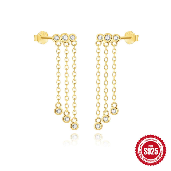 S925 Sterling Silver Tassel Chain Heart Zircon Earrings With Geometric Pattern And Electroplating For Women