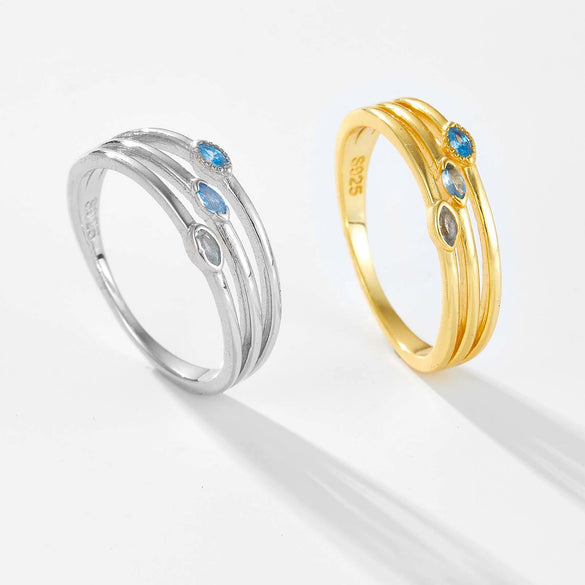 S925 Sterling Silver Threelayer Ring With Cool Blue Turquoise And Geometric Design Electroplated With Platinum Or 18K Gold