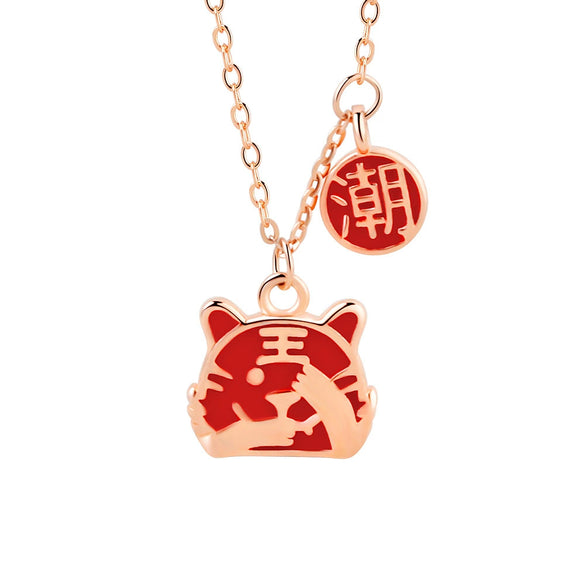 S925 Sterling Silver Tiger Pendant Necklace For Women Red Enamel Geometric Tiger Charm Collarbone Chain With Electroplated Finish