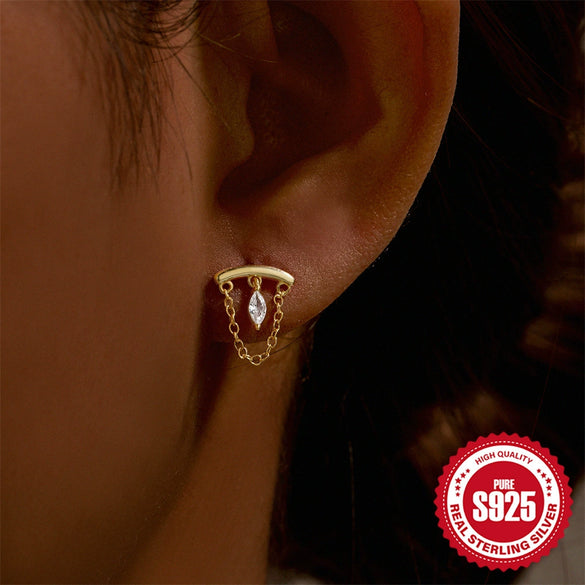 S925 Sterling Silver Triangle Heart Pattern Inlaid Zircon Tassel Cartilage Puncture Earrings Unisex