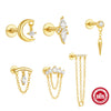 S925 Sterling Silver Triangle Heart Pattern Inlaid Zircon Tassel Cartilage Puncture Earrings Unisex