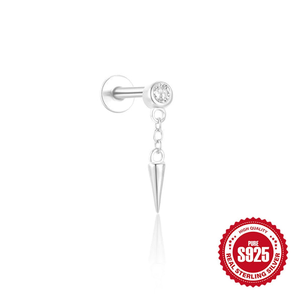 S925 Sterling Silver Triangle Heart Pattern Inlaid Zircon Tassel Cartilage Puncture Earrings Unisex
