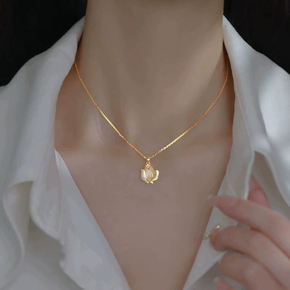 S925 Sterling Silver Tulip Flower Necklace For Women With Cat's Eye Stone Pendant Light Luxury Fashion Jewelry
