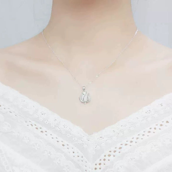 S925 Sterling Silver Tulip Flower Necklace For Women With Cat's Eye Stone Pendant Light Luxury Fashion Jewelry