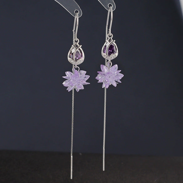 S925 Sterling Silver Tulip Flower Tassel Earrings Long Floral Ear Line Dangle Earrings For Women
