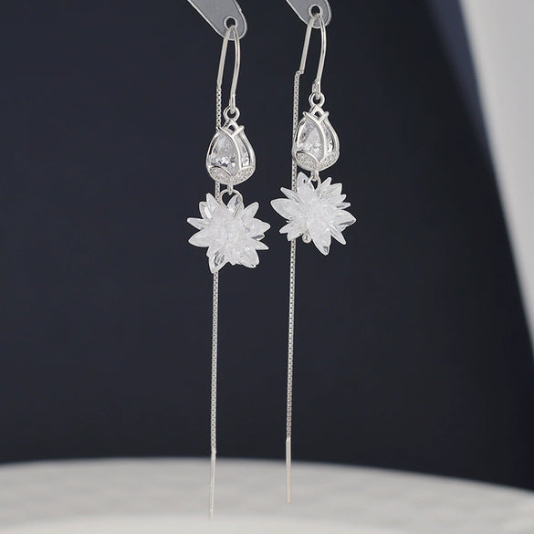 S925 Sterling Silver Tulip Flower Tassel Earrings Long Floral Ear Line Dangle Earrings For Women