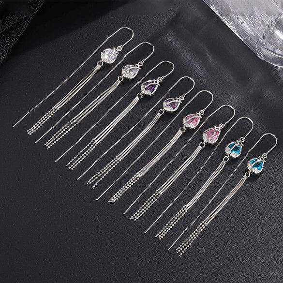 S925 Sterling Silver Tulip Flower Tassel Long Threader Earrings For Women Elegant Light Luxury Floral Dangle Earrings