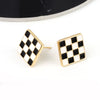 S925 Sterling Silver Vintage Chessboard Plaid Black And White Contrast Geometric Square Enamel Earrings