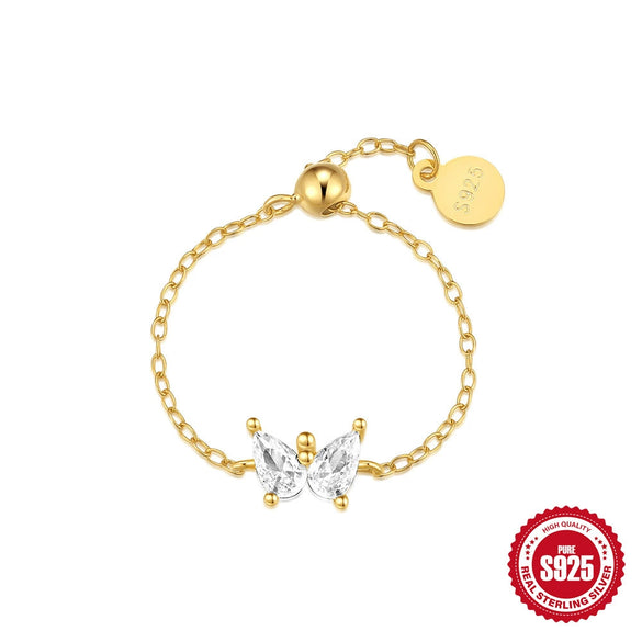 S925 Sterling Silver Water Drop Butterfly Ring With Five Pointed Star Geometric Style Electroplated Adjustable For Women