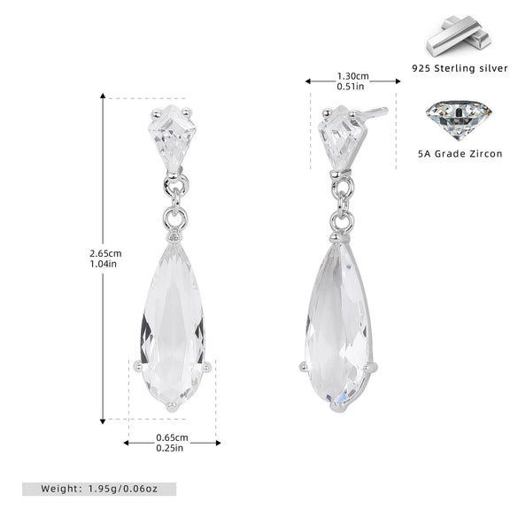 S925 Sterling Silver Water Drop Zircon Earrings Geometric Fashion Design Electroplated