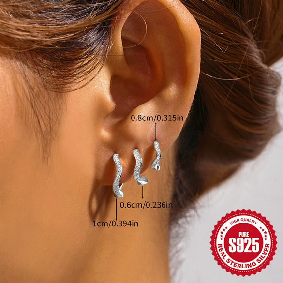 S925 Sterling Silver Wave Shaped Zircon Embedded Electroplated Minimalist Earrings