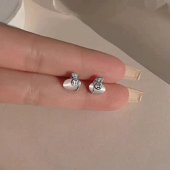 S925 Sterling Silver White Chalcedony Money Bag Stud Earrings For Women Elegant Light Luxury Electroplated Jewelry