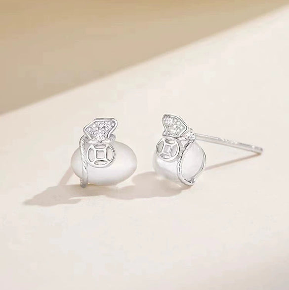 S925 Sterling Silver White Chalcedony Money Bag Stud Earrings For Women Elegant Light Luxury Electroplated Jewelry