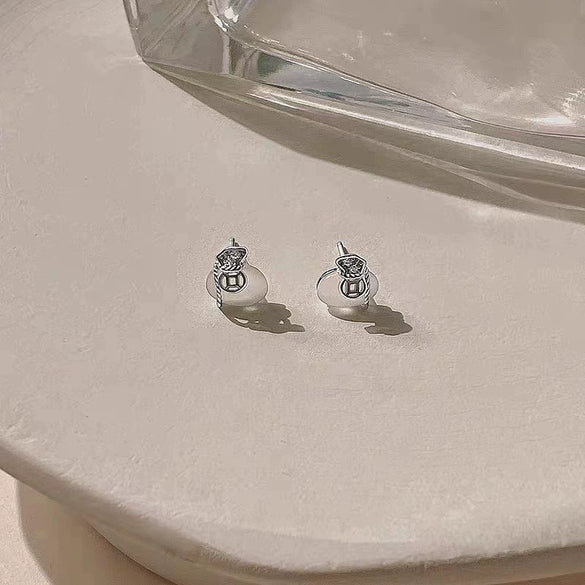 S925 Sterling Silver White Chalcedony Money Bag Stud Earrings For Women Elegant Light Luxury Electroplated Jewelry