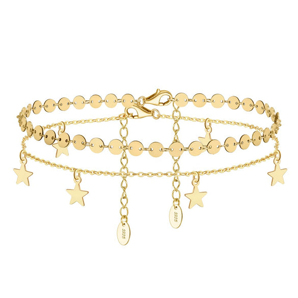 S925 Sterling Silver Women's Anklet With Star Flash O Chain And Disc Chain Simple Style With Letters Numbers Text Pattern
